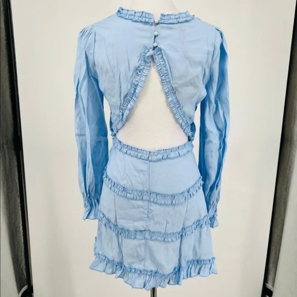 Blue Long Sleeve V-Neck Open Back Backless Mini Dress - Picture 12 of 13